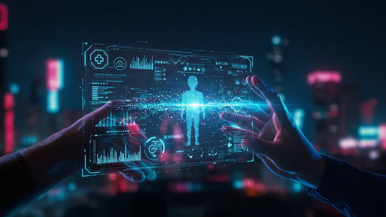 A Futuristic Interface Displaying a Human Figure Surrounded by Data and Health Metrics, Illustrating Advanced Technology and Digital Interaction in a Neon Cityscape