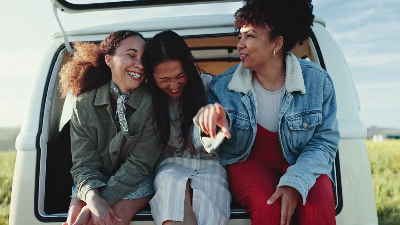 Smile, friends and women in van pointing outdoor