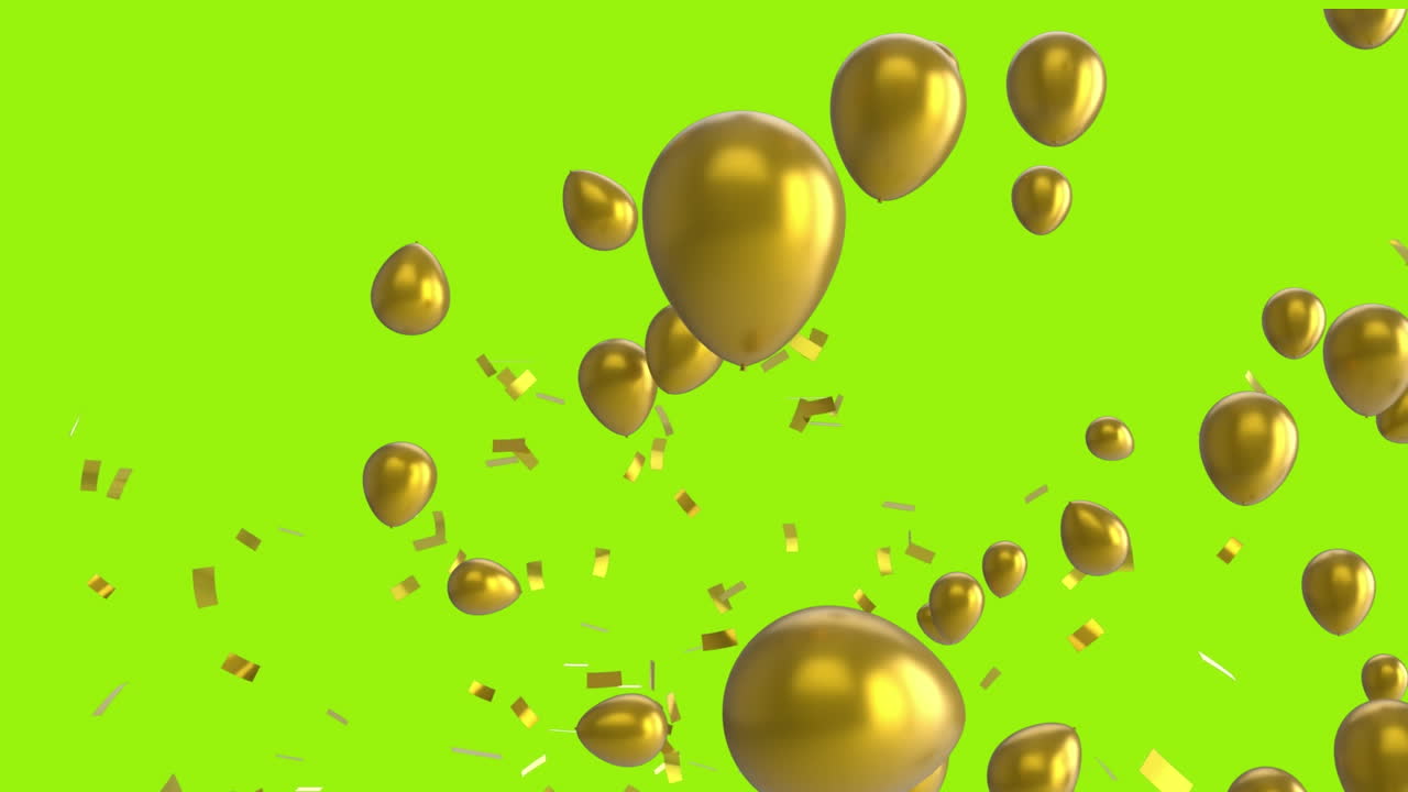 Animación de globos dorados elevándose, con confeti dorado cayendo sobre fondo verde