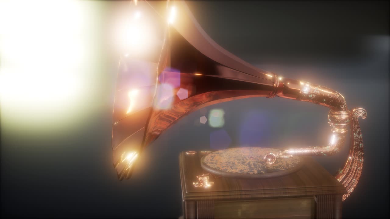 레트로 테크놀로지로 어두운 곳에서 빈티지 그라모폰을 연주합니다.