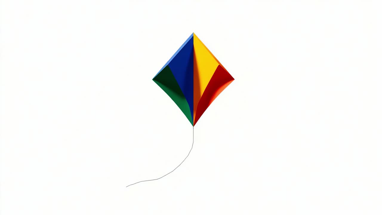 Colorful kite soaring high against a blank sky, showcasing vibrant hues of blue, yellow, green, and red, embodying the joy and freedom of outdoor play and adventure