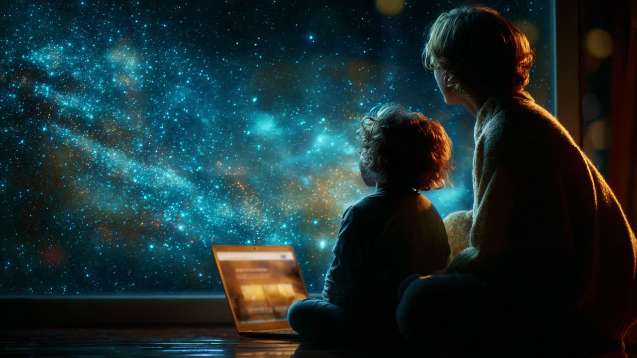 An Enchanting Evening by the Window: A Parent and Child Gaze in Awe at a Starry Universe, Illuminated by the Soft Glow of a Laptop Display, Sparking Imagination and Wonder