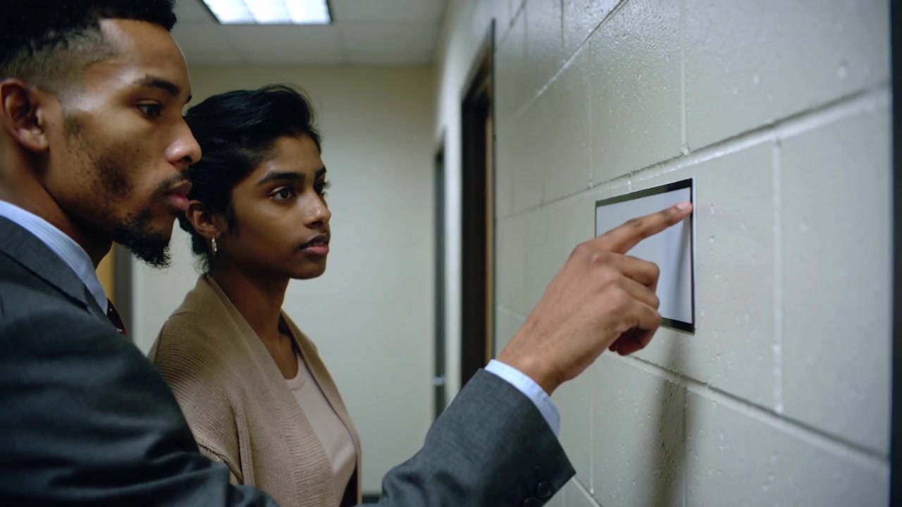 Approaching, two colleagues in business attire scanning wall display in hallway to check panel