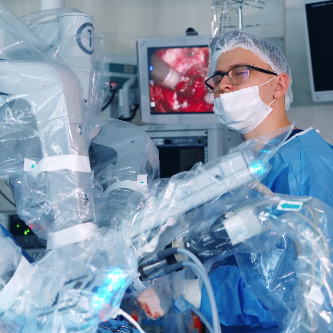 Medical operation involving robot. Medical robot. Robotic Surgery.