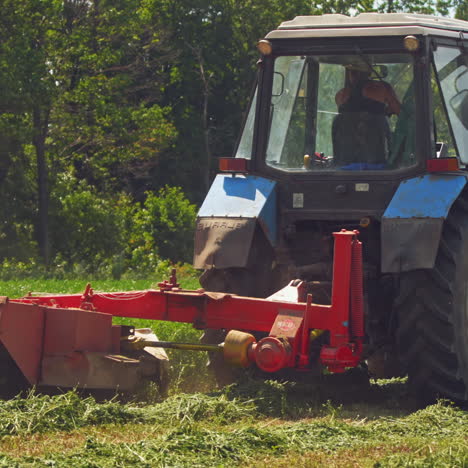modern tractor cuts green grass in the countryside. backside view of an agricultural machine for cutting grass for livestock on the field in a summer day.