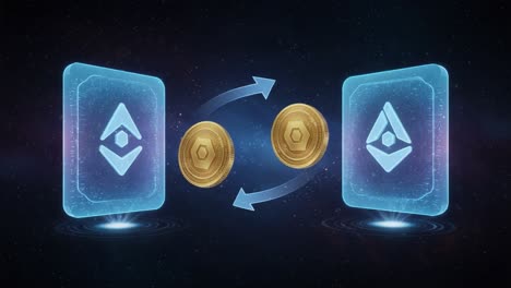 digital currency exchange: a visual representation of virtual transactions between crypto coins and blockchain cards in a futuristic digital realm