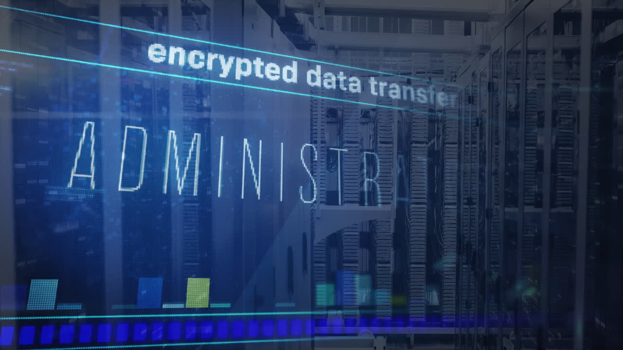 Encrypted data transfer text animation over server racks in data center
