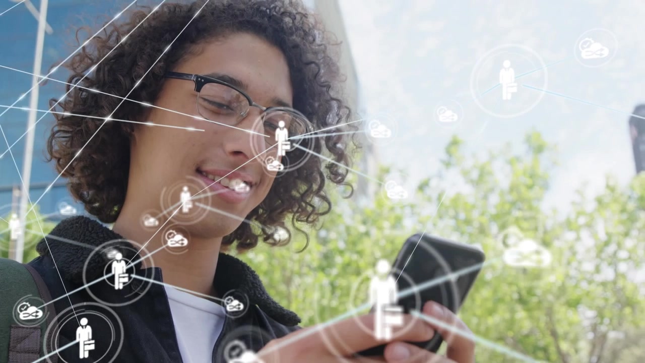 Animation of network of connections with icons over man using smartphone