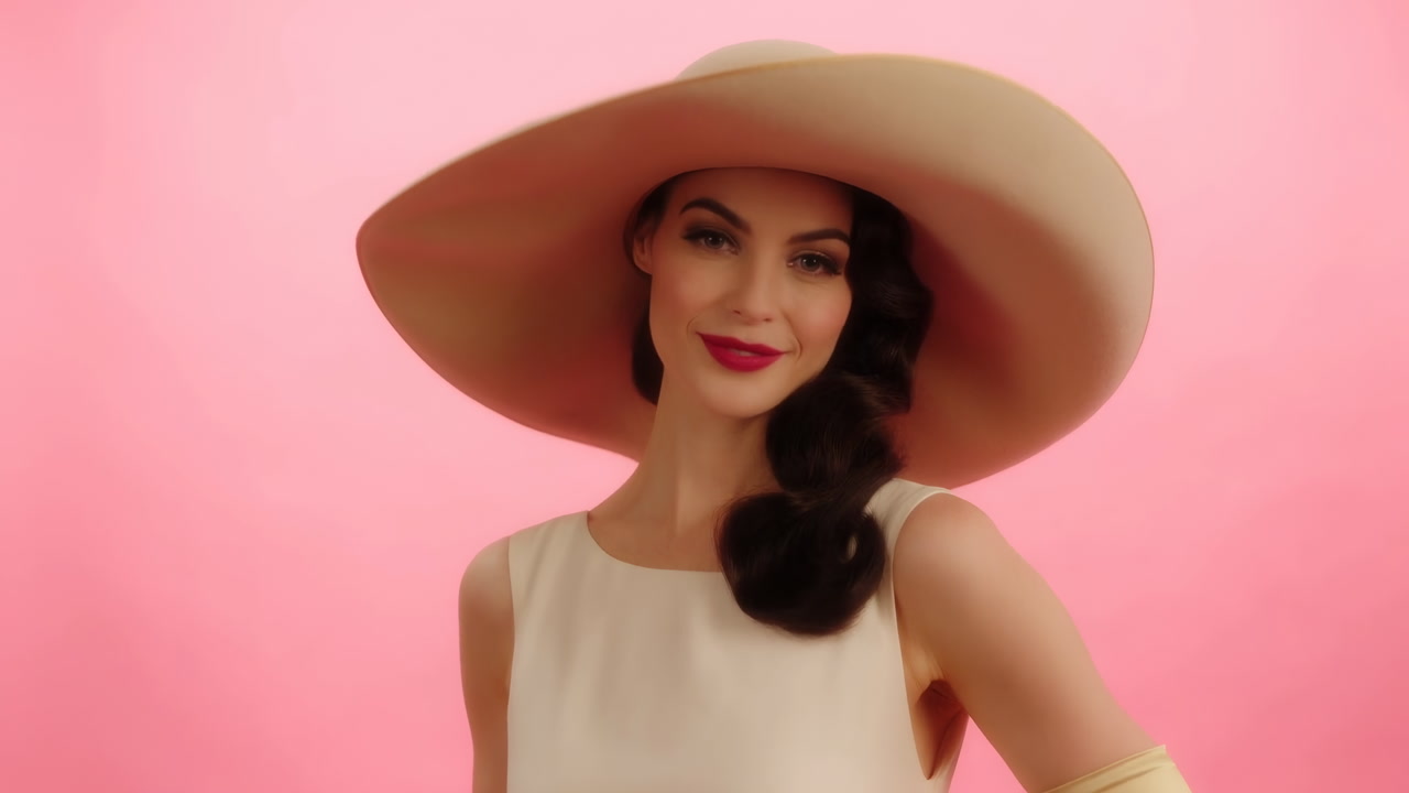 Elegant Woman In Wide Brim Hat, Pink Backdrop, S Inspired Dress, Long Satin Gloves, Glossy Red Lipstick, Soft
