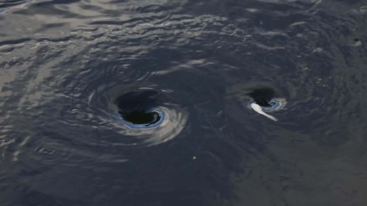 두 개의 물 소용돌이가 형성되고 상호 작용합니다.
