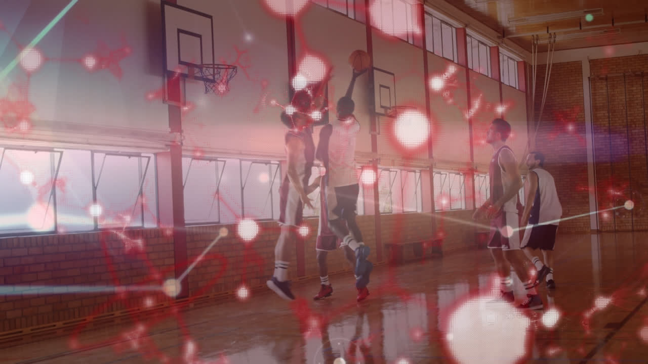 코트에서 다양한 남자 농구 선수들을 연결하는 네트워크의 애니메이션