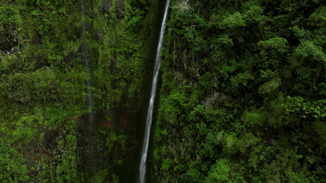 cascada alta en levada caldeirao verde en madeira, portugal - toma aérea de drones