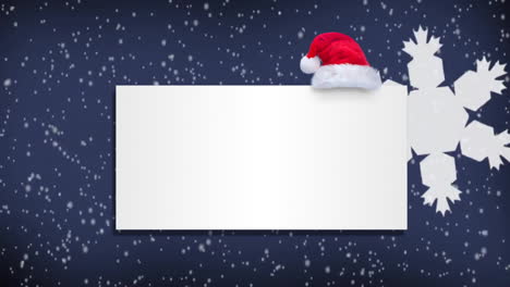 Animation-of-white-card-with-copy-space-and-snow-falling-with-santa-claus-hat