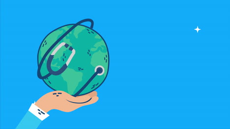 international health day with hand lifting world planet and stethoscope