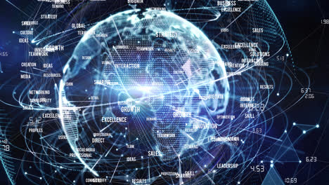 animation of network of connections with digital words over globe in background