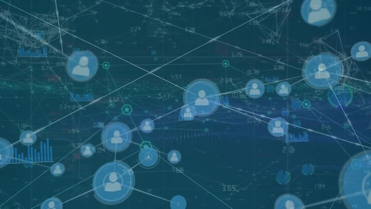 Animation of network of profile icons and data processing against blue background