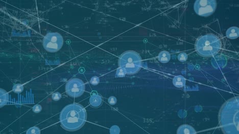animación de la red de iconos de perfil y procesamiento de datos contra un fondo azul