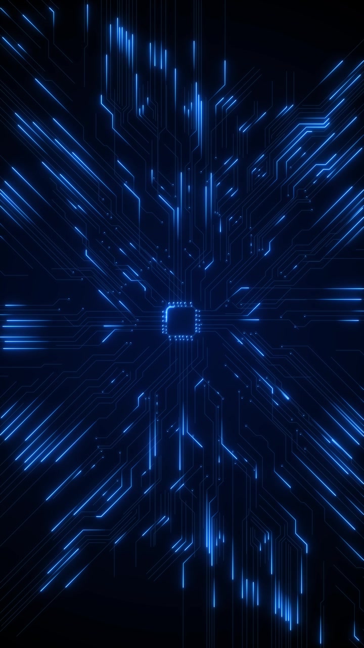 Scena di circuito stampato al neon, percorsi elettrici del chip, linee digitali, processore ad alta velocità, tecnologia energetica