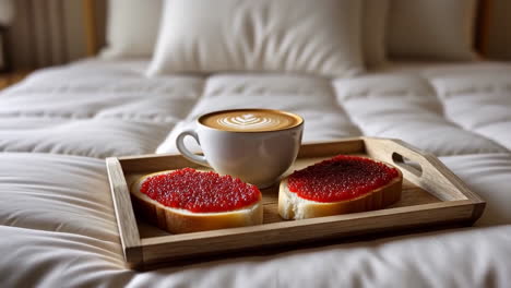 breakfast in bed with coffee and caviar sandwiches