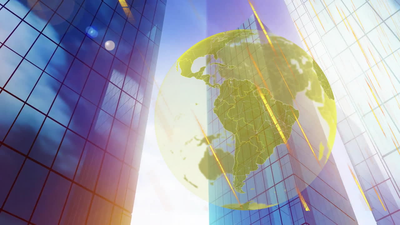 Semi-transparent globe floating over glass towers, golden streaks highlighting lens-flare beams