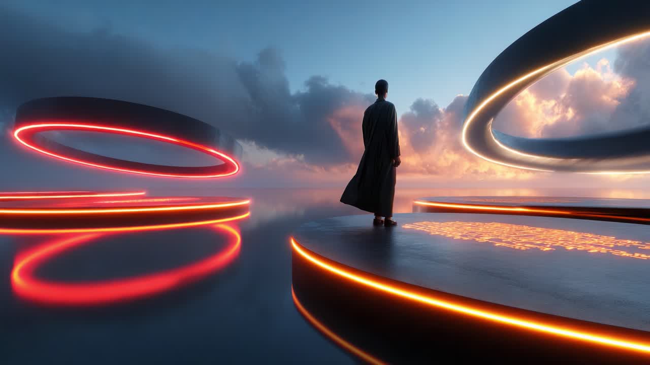 A serene figure stands on illuminated platforms amidst an ethereal landscape, surrounded by glowing rings and a stunning sky, capturing a moment of introspection and wonder in a dreamlike realm