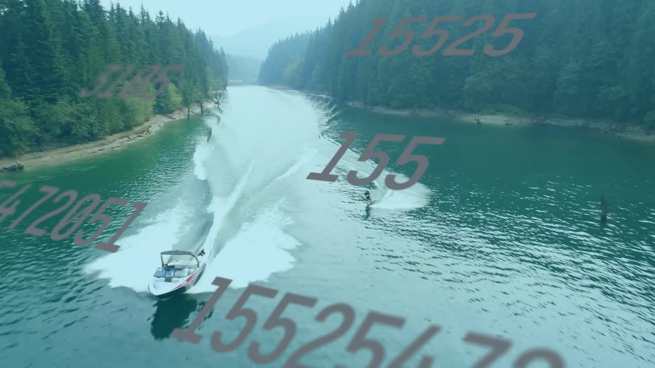 Boat driver steering speedboat and wakeboarder gliding on lake, with animated health data overlay