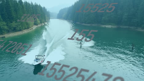boat driver steering speedboat and wakeboarder gliding on lake, with animated health data overlay