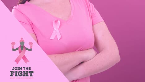 animation of breast cancer awareness text over caucasian woman