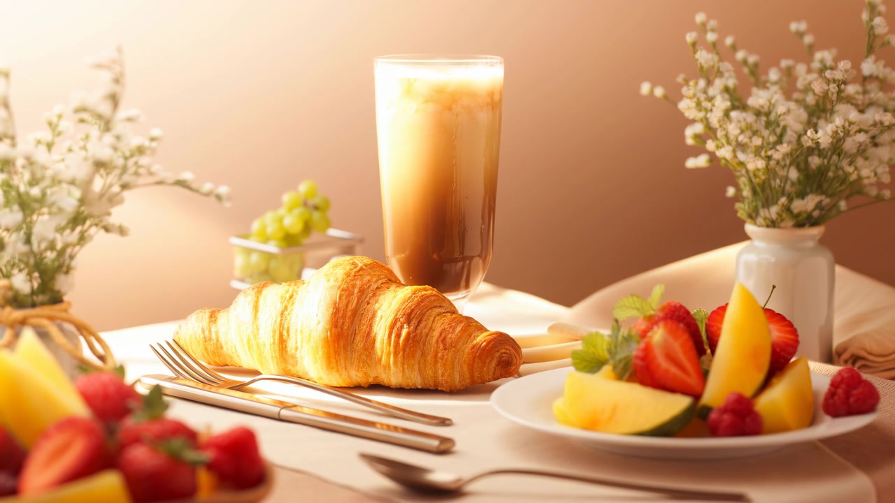 Tavolo da colazione illuminato dal sole, cornetto, latte macchiato, frutta, bagliore dorato mattutino, bicchiere alto di latte macchiato, cornetto sfogliato su bianco