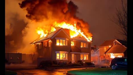 a house on fire with a car parked in front of it