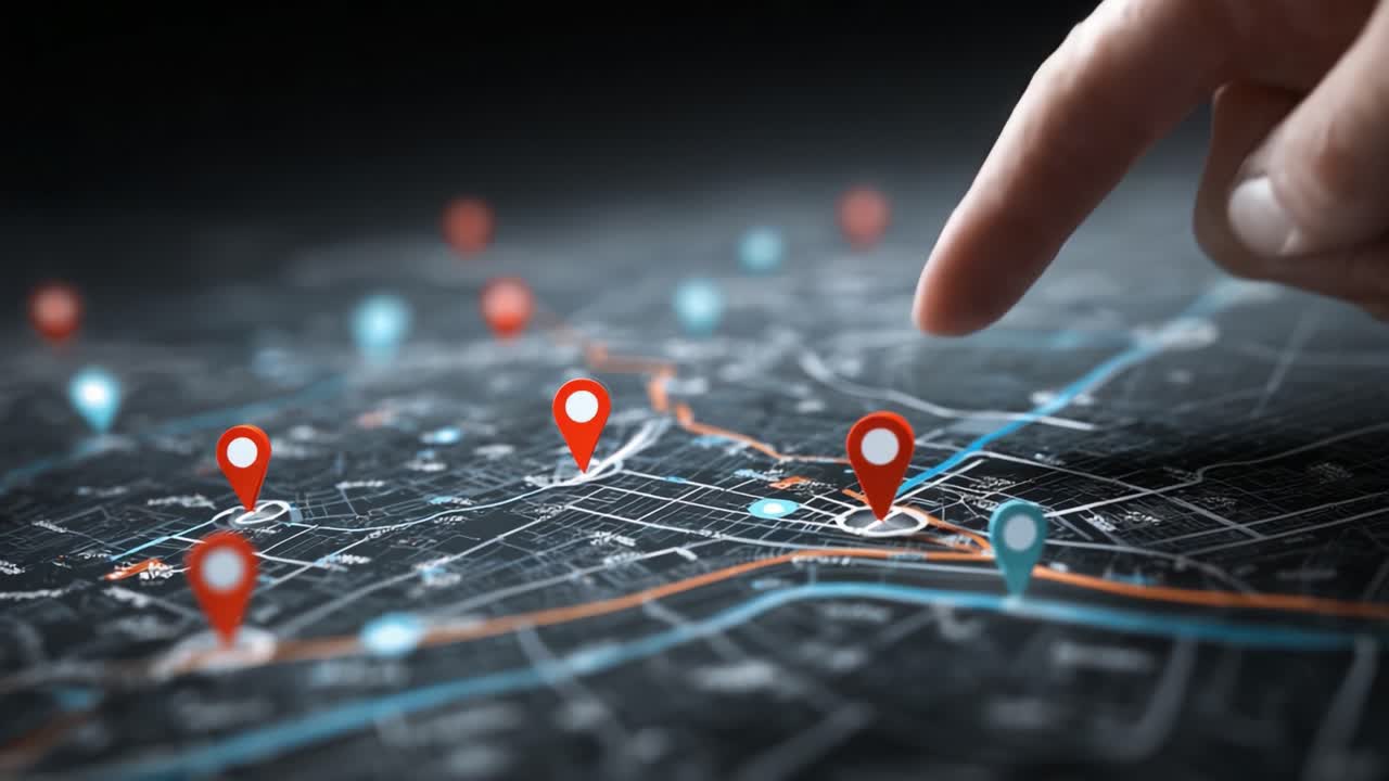 Exploring Geographic Locations: A Close-Up View of a Hand Pointing at a Digital Map Marked with Various Location Pins for Navigation and Discovery