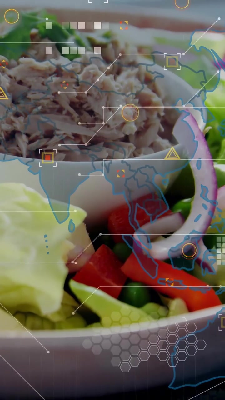 Video verticale: Panoramica dal basso che mostra una ciotola di insalata, griglia esagonale HUD che svanisce, etichettatura del cibo per la food tech.