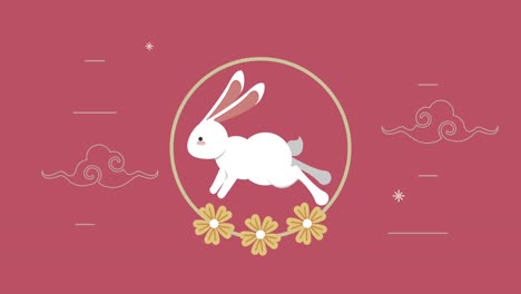 feliz animación del festival de mediados de otoño con conejo y marco floral