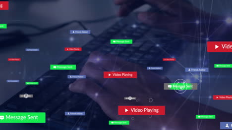 animación de procesamiento de datos sobre mujer biracial usando computadora.
