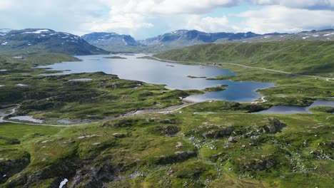 Stavatn-Lake-and-Haukelivegen-in-Norway,-Vestland,-Vestfold-og-Telemark---Aerial