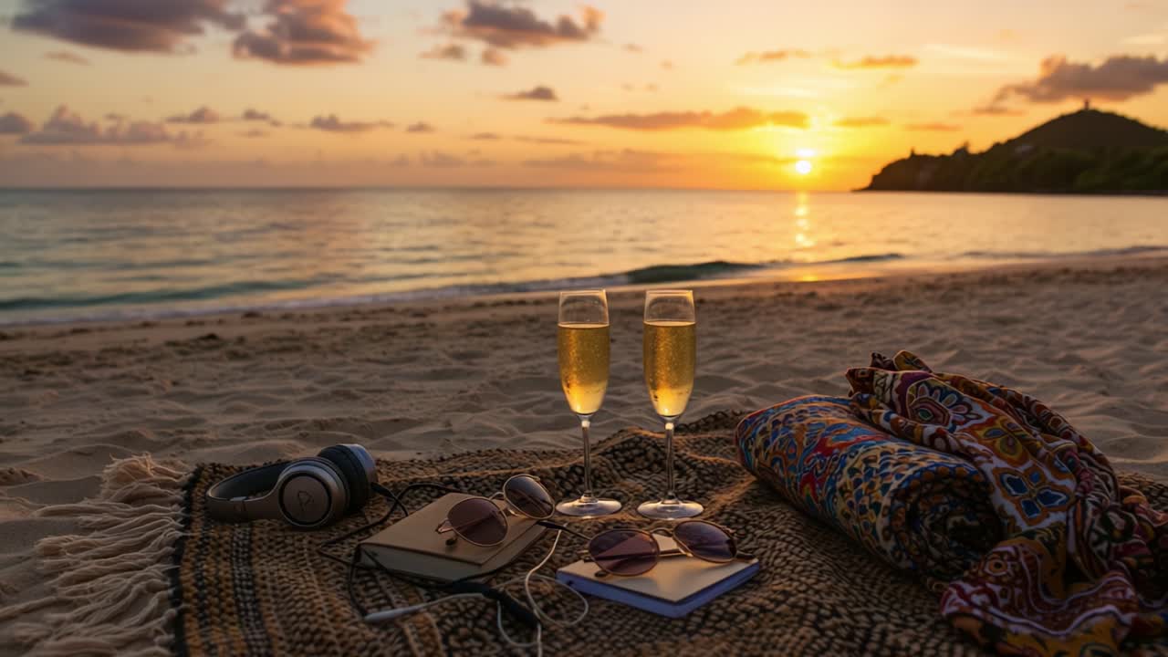 Uma cena serena de pôr do sol na praia apresentando duas taças de champanhe, uma manta aconchegante, óculos de sol e sons relaxantes, criando uma atmosfera perfeita de relaxamento.