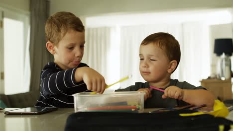 Geschwister-Erledigen-Schulaufgaben-Im-Wohnzimmer-4k