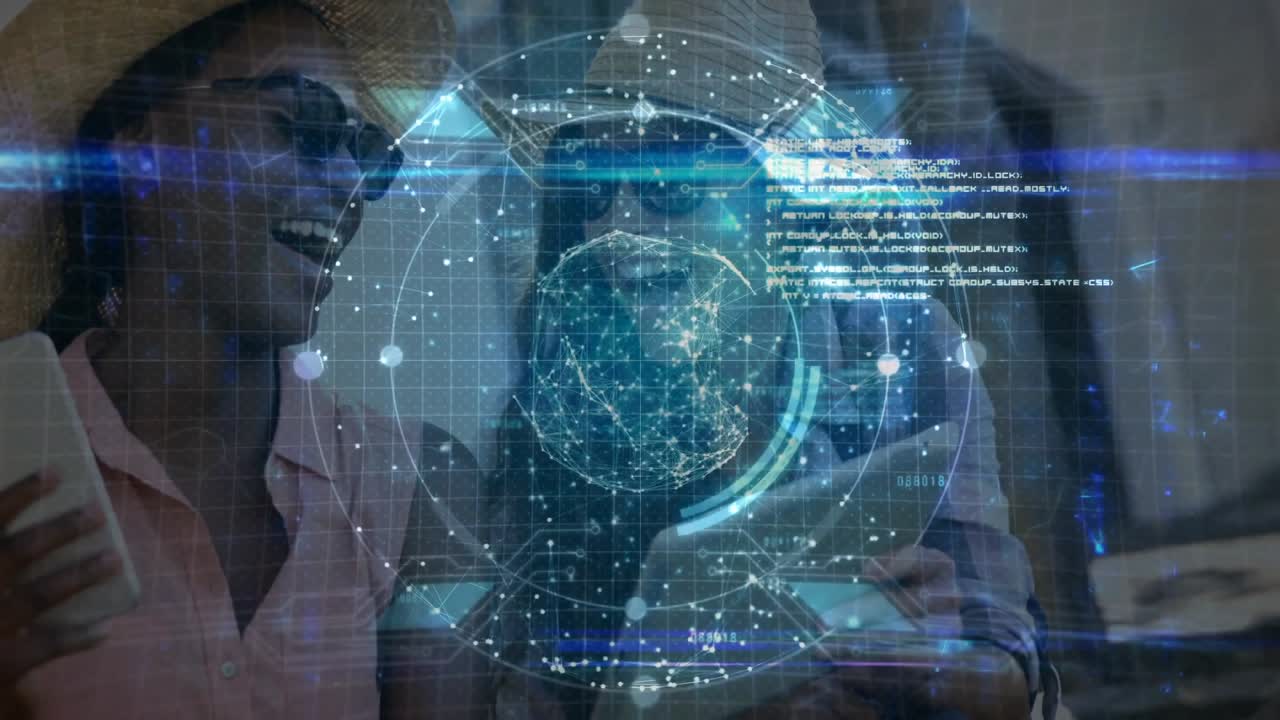 Amigos rolando smartphone e tocando em tablet, invocando um globo holográfico tecnológico com grade de rede.