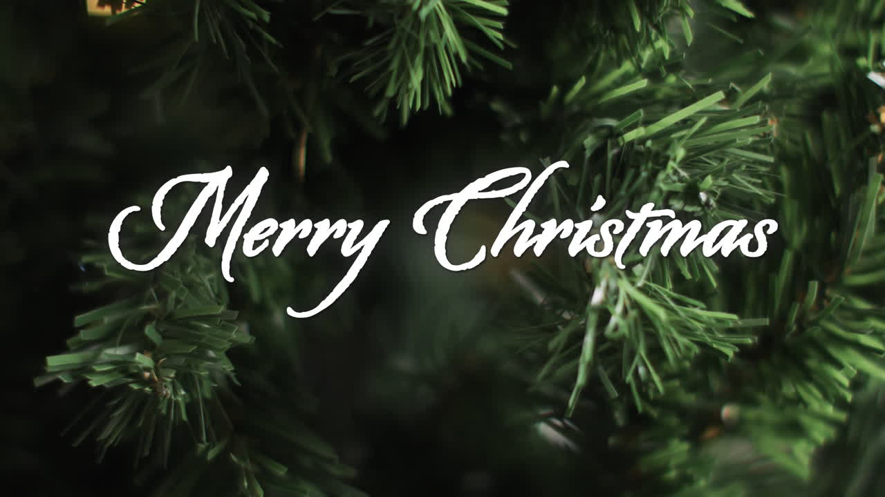 Merry christmas text in white over close up christmas tree on dark background