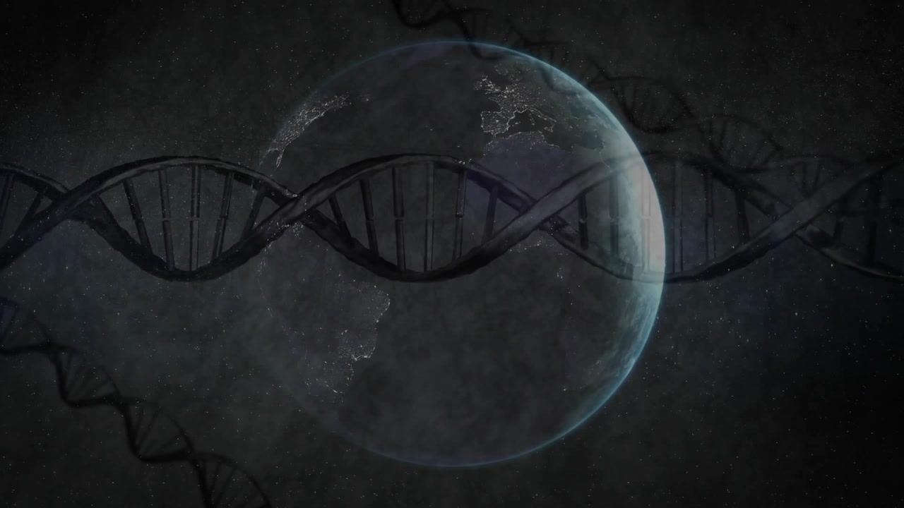 Upon dark star field appearing, DNA helix rotating and drifting across Earth to show genetic unity