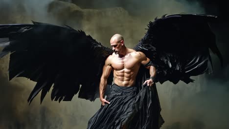 a man with black wings standing in front of a dark background