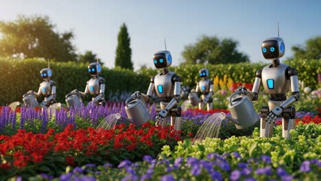 a futuristic garden: robots efficiently watering colorful flowers with smart technology in a lush, vibrant landscape under the warm sunlight