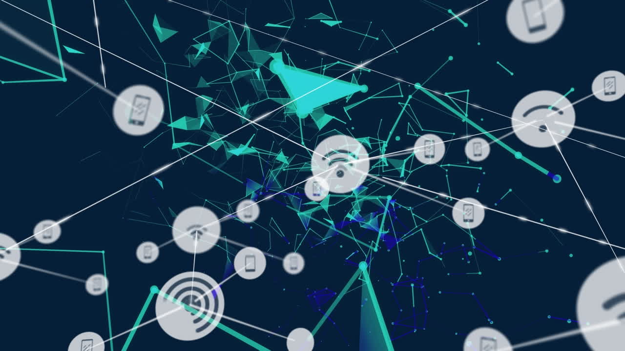 animación de la red de iconos de perfil sobre redes de plexo flotando contra un fondo azul