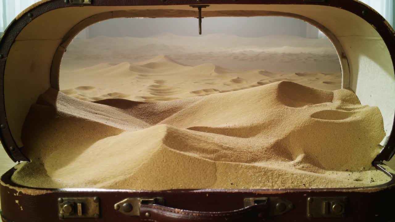 Sich verlagernder Sand in einem Vintage-Koffer auf einem Tisch, der auf eine Fensterbrise reagiert und mit einer Nadel Riffelungen bildet.