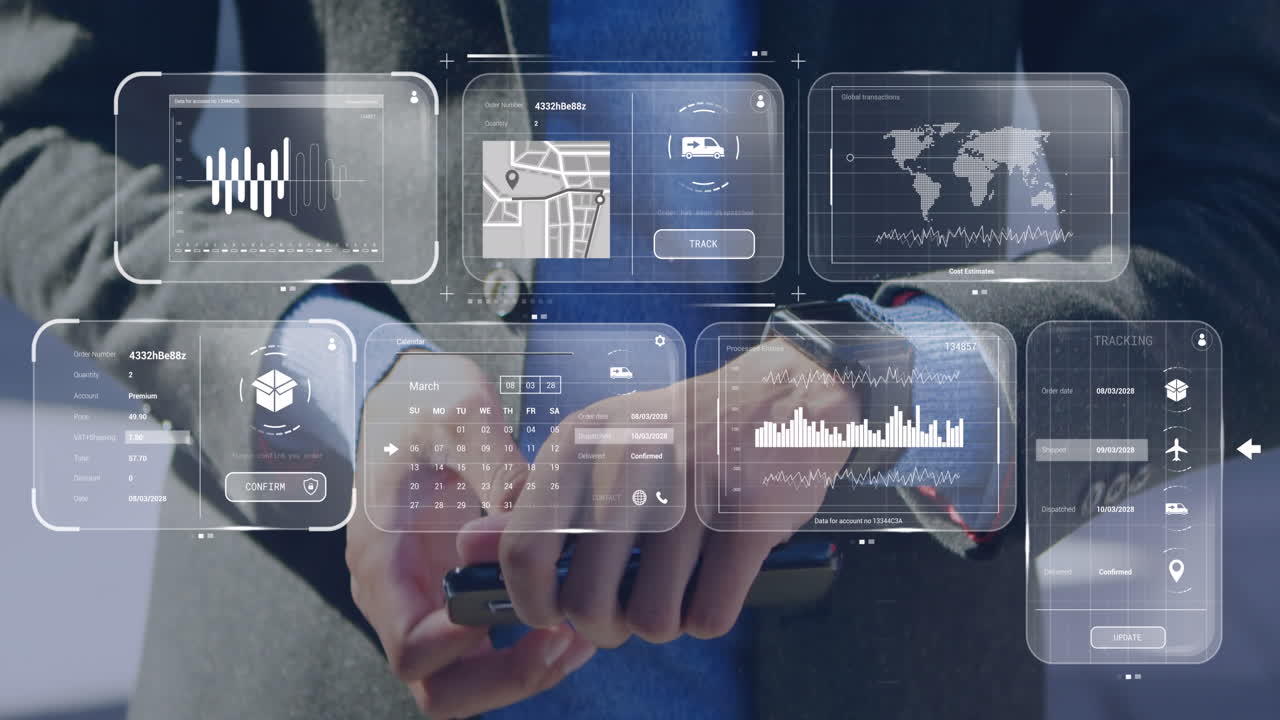 animación de datos en pantallas sobre hombre de negocios caucásico con teléfono inteligente