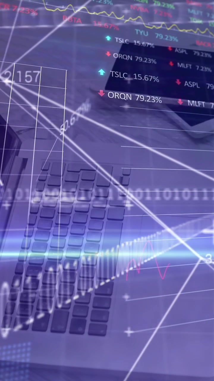 Digital composite video of financial data processing against office equipment on desk