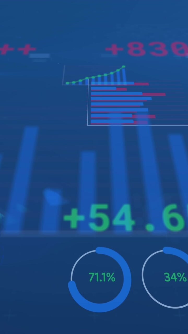 Animazione di elaborazione dati statistici e punto luce su sfondo blu