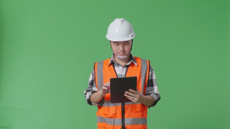 Asian Male Engineer With Safety Helmet Using Tablet While Walking In The Green Screen Background Studio