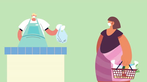 ama de casa y asistente de supermercado con máscaras médicas comprando comestibles para la protección contra covid-19