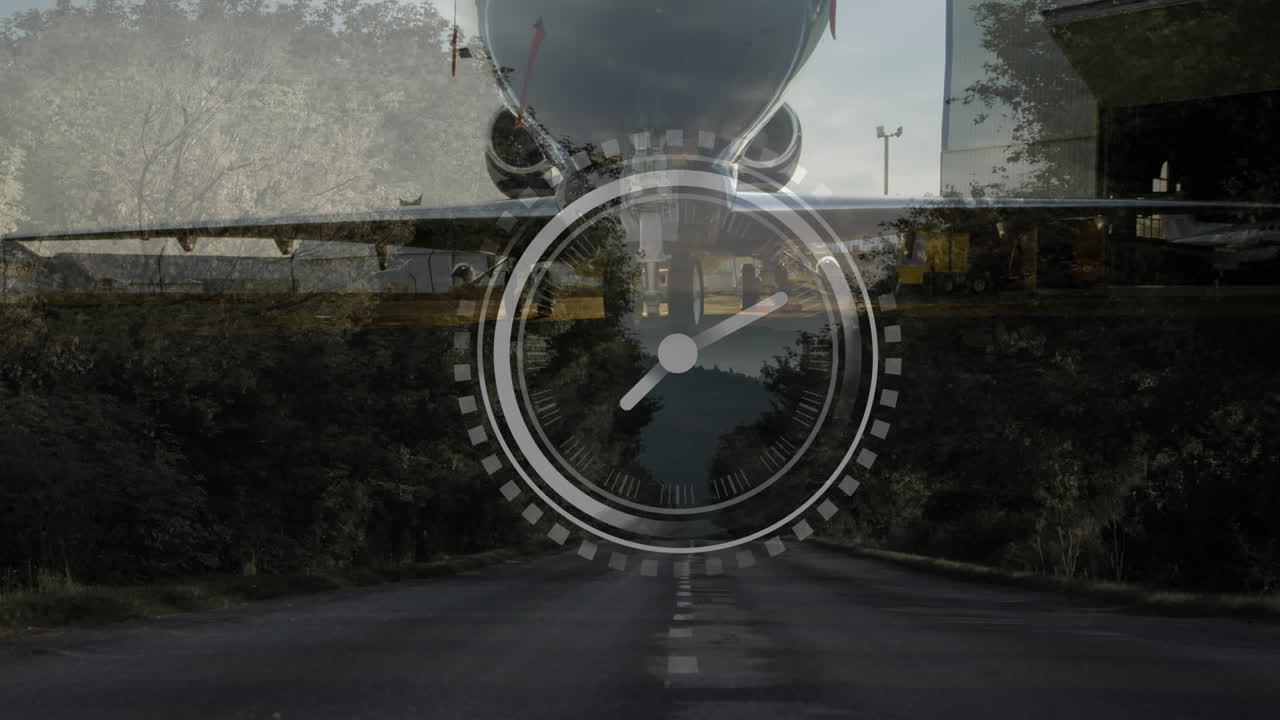 비행기의 애니메이션이 시계에 따라 뛰고 있습니다.